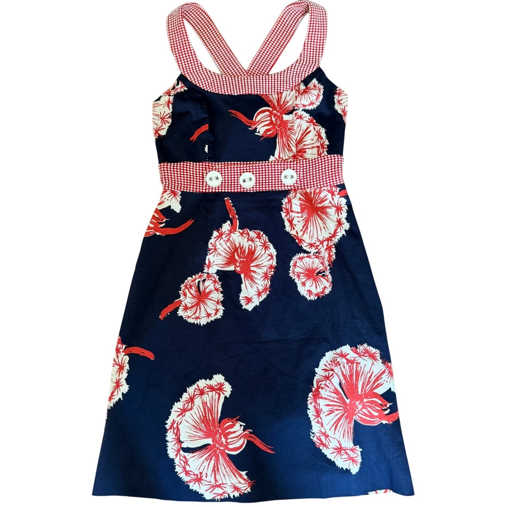 Jennifer Reale Designs Cross Back Dress Red Blue Gingham Dandelion Print Size‎ 4